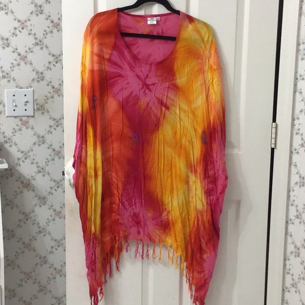 One Size Bright Orange & Asymmetrical Fringed Poncho. Very cute. Batik World.